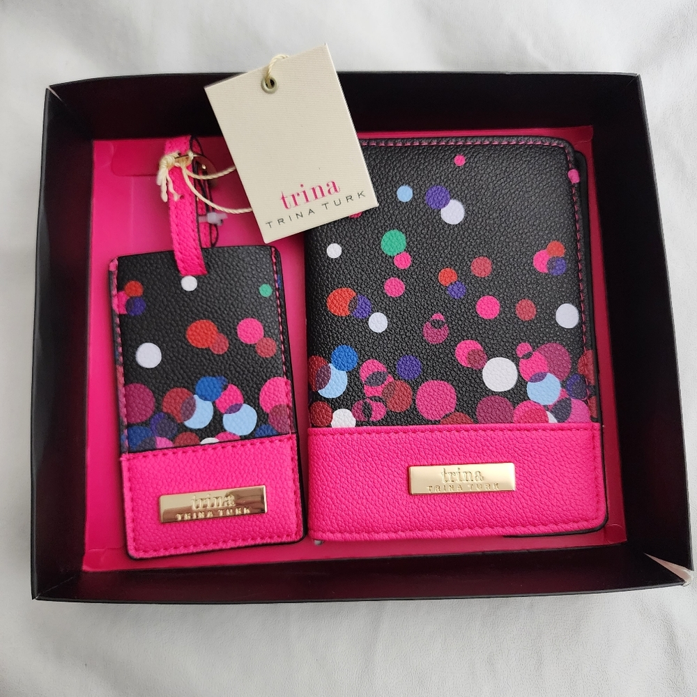 Trina Turk Passport & Luggage Tag Set Multicolor Dots Pink and Black NWT